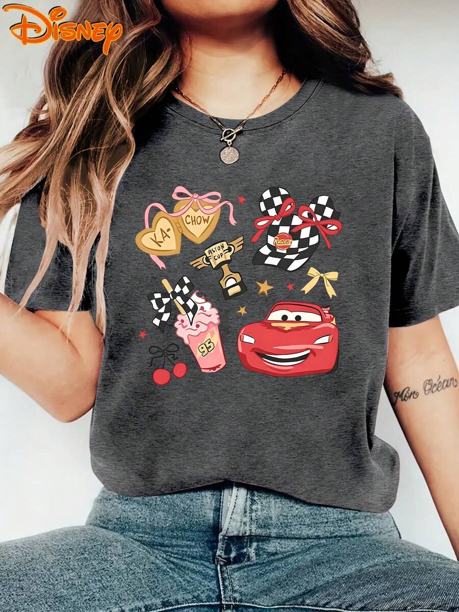 Breathable Cotton Disney Fan Tee | "Lightning McQueen KA-CHOW" Checkered Ear & Trophy Doodle Print | Fun Race-Themed Casual Short-Sleeve Top - 灰色 - 查看 1