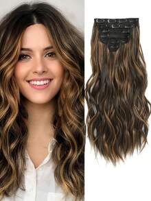 Juego de extensiones de cabello con clip para mujer - 6 piezas de extensiones de cabello largo ondulado con degradado de reflejos - Extensiones de cabello sintético suave y grueso de 22 pulgadas con clip (uso diario) - Marrón claro & Rubio - Multicolor - Ver 4