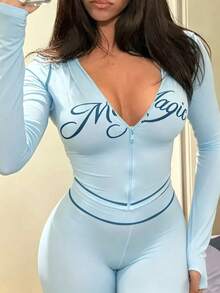 秋季街頭風女款2件套 Y2K 套裝，長袖圖案印花上衣搭配長褲 - 藍色 - 查看 2