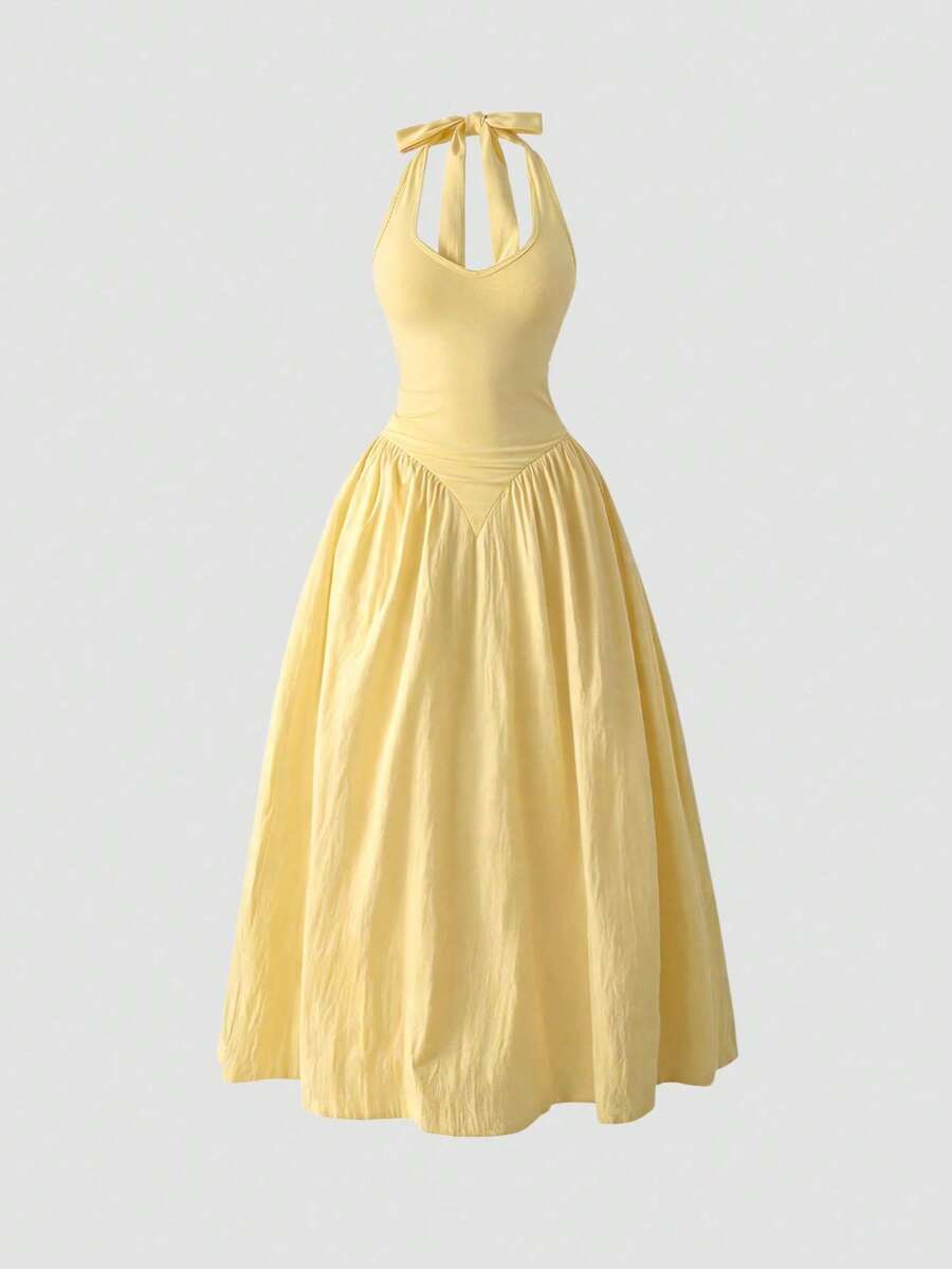 Vestido con escote en V profundo, estilo halter, empalmado con pliegues en la cintura - Amarillo - Ver 1