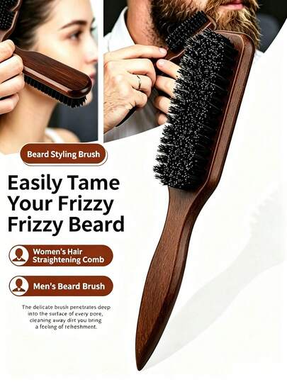 1pc Unscented Wild Boar Hair Mustache Brush, Suitable For Men And Women, Professional Barber Styling Brush For Coarse And Fine Hair, Gradient Trimming, Hairdressing Tool, Back Combing, Smooth, Essential For Students And Travel, Women Hair Accessory, Detangling Hair Brush, Mini Hair Brush Set