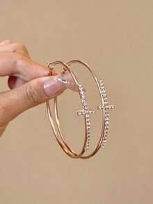 1 Pair Cross & Diamond Embedded Simple Earrings, Personalized Round Hoop Earrings For Women - Cross Earrings - View 12