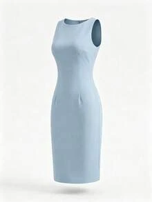 Robe d'été pour femme bleu clair, couleur unie, taille ajustée, fente au dos, sans manches, robe de soirée élégante noire pour femme, tenue de travail pour femme, robe formelle pour affaires, sorties et festivals - Bleu ciel - Voir 3