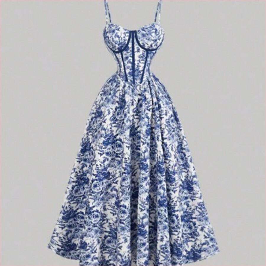 WNS MOD Vestido con estructura de corsé con contraste de rayas azul y blanco en la cintura, estampado floral en el bustier, atuendo de vacaciones para mujer, vestido de verano, atuendo de campo, ropa de playa, vestido de verano, vestido de Pascua para mujer, vestidos de verano para mujer, vestido de fiesta de té - Azul y blanco - Ver 1