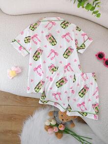 2pcs/Set Tween Girl Summer Casual Pickle Jar & Bow Pattern Print Lapel Short Sleeve Cardigan And Shorts Pajama Set Flame Retardant All Season Girls Mid-To-Older Children - White - View 2