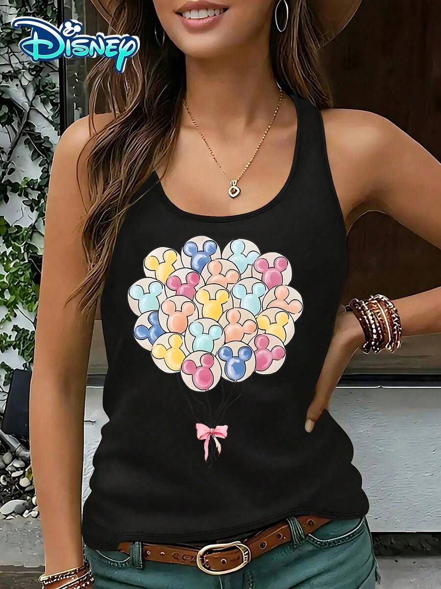 Disney Official Authorization | Women's Casual Round Neck Sleeveless Vest. Featuring Mickey Balloons, Paired With Macaron Colors And Bow Elements, It Is Fresh And Dreamy. It Is A Powerful Item For Theme Park Travel And An Ideal Choice For Creating A Girlish Look. - màu đen - Xem 1
