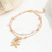 2 Bohemian Beach Style Gold Plated Anklets, Double Chain With Starfish, Pearl And Rhinestone Pendants, For Women - Multicolor - View 5