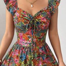 Vestido ajustado y acampanado con cuello de corazón, lazo y mangas farol, de estilo elegante y casual con estampado floral colorido, para primavera/verano - Multicolor - Ver 5