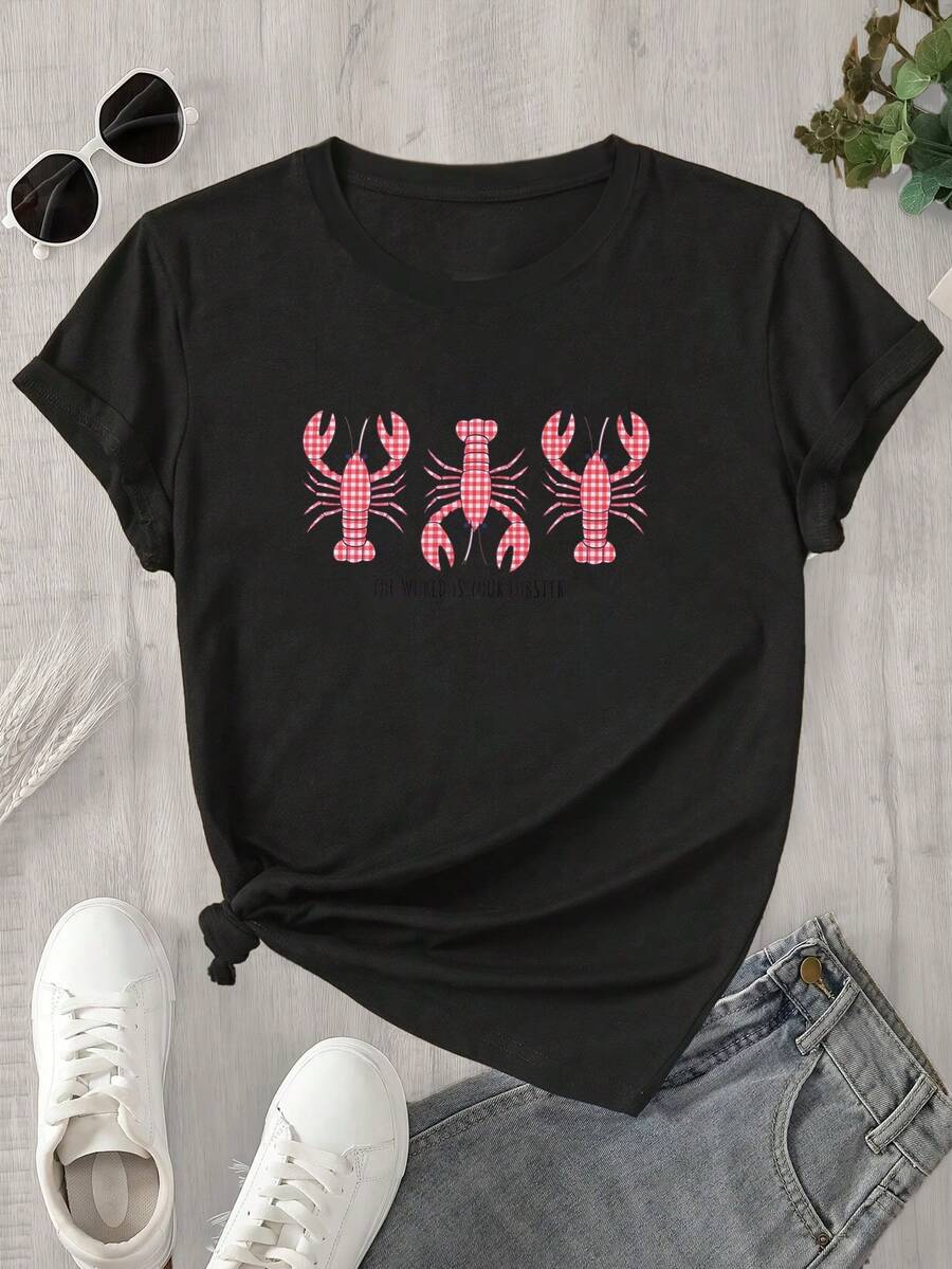 Top de mujer de manga corta y cuello redondo con estampado de langostas apiladas, apto para todas las estaciones. - Negro - Ver 1