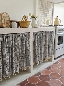 1件波西米亞復古圖案櫥櫃遮簾－流蘇裝飾，不含窗簾桿，復古田園浪漫風半遮光米色流蘇窗簾，穿桿式經典咖啡鄉村農舍廚房窗簾 - 黑色幾何 - 查看 2