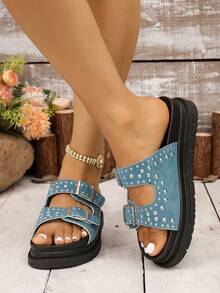 Sandalias de mujer con suela gruesa cómoda, con una correa y remaches, zapatos casuales de playa para vacaciones de verano - Azul - Ver 4