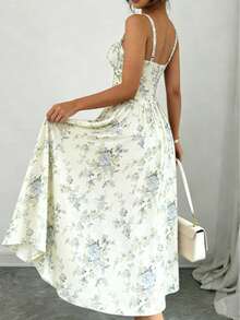 Bohemian Style Ditsy Floral Spaghetti Strap Midi Dress, Spaghetti Strap Waist-Cinched High Slit Flowy Polyester Maxi Dress For Vacation Elegant - Blue and White - View 4