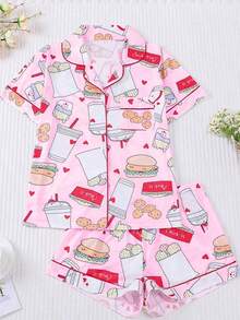2-Piece Set - Women's Pink Burger, Cheese, And French Fry Printed Short Sleeved Shorts And Pajamas Set, With Pocket Button Design On The Top, Comfortable And Soft Skin Friendly Knitted Fabric Casual Wear, Suitable For Daily Home, Sleepwear Parties, Family, All Seasons - Hồng - Xem 11