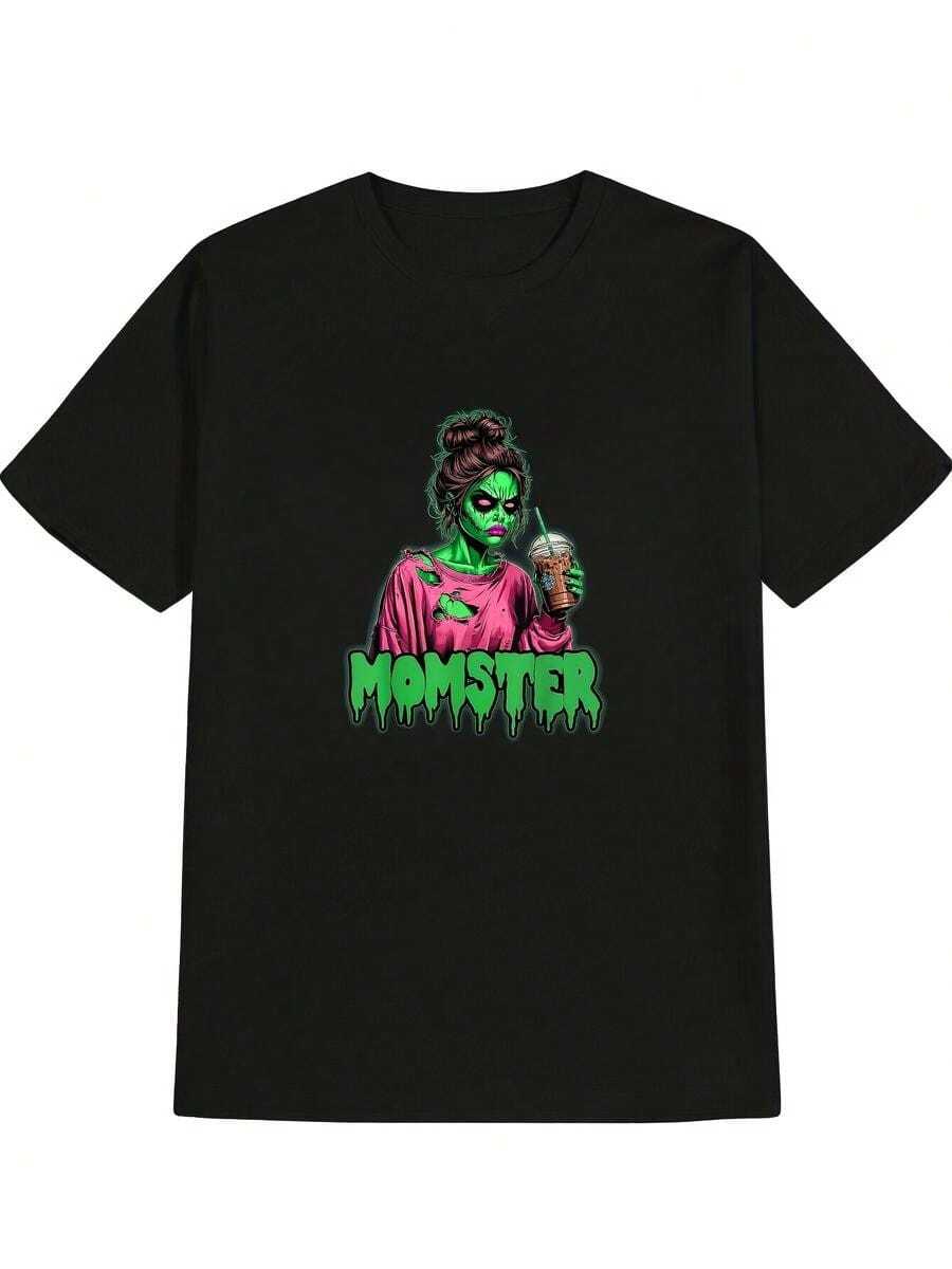 Funny Mom Monster Halloween Mom Life Horror Mom T-Shirt Black Casual Short Sleeve Women's Sports T-Shirt - Black - View 1