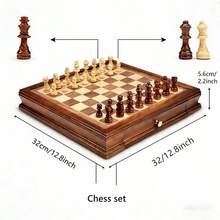 Easytoday 32cm/12.8inch Premium New Desktop Wooden Chess Set, Comes With 2 Extra Queens, Equipped With 2 Built-In Storage Drawers, New Chess Game, Suitable For Various Holiday Gifts, Party Games And Activities - Brown - View 7
