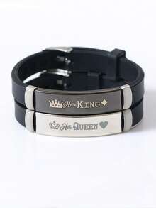ATLVXJL 2pcs Couple Crown & Letter Detail King Queen Rectangular Silicone Bracelet, Suitable As Holiday Gift For Women - Multicolor - View 4