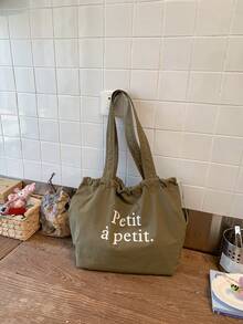 2025 New Drawstring Large Capacity Shoulder Canvas Bag, Japanese Letter Print Nylon Tote Handbag, Commuter - Army Green - View 6