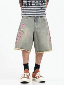 1pc Vintage Embroidered Blue Denim Casual Loose Shorts For Men, Minimalist Design (Excluding Belt/Accessories) - Blue - View 1