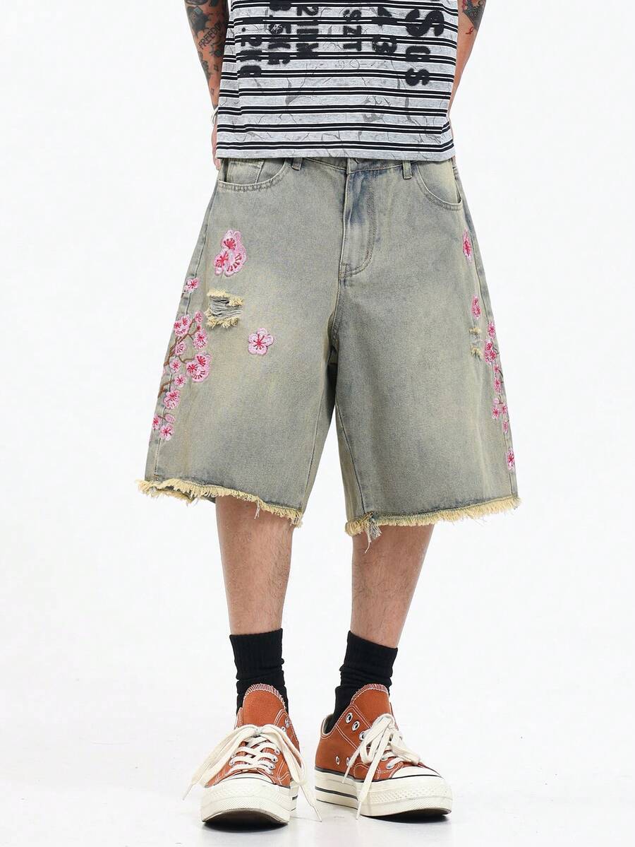1pc Vintage Embroidered Blue Denim Casual Loose Shorts For Men, Minimalist Design (Excluding Belt/Accessories) - Blue - View 1