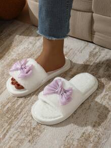 Women's Fuzzy Bow Slippers, Comfortable Indoor Lightweight Non-Slip Cute Slippers For Spring, Autumn And All Seasons - White Purple - View 6