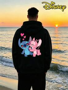 Disney Lilo & Stitch Stitch And Angel Kissing Couple Hoodie, Casual Loose Street Style Sweatshirt, Single Piece 1pcs - Áo nam màu đen - Xem 2