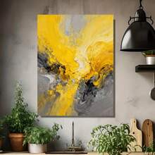 Gran Pintura al Óleo Abstracta Moderna Hecha a Mano con Textura y Pinceladas Gruesas en Lienzo - Arte de Pared Grande en Amarillo, y Gris (Disponible - Pintado a Mano en Cada Capa para Sala, Dormitorio, Oficina - Obra de Arte Contemporánea, Sin Marco) - Enmarcado - Ver 4