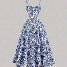 WNS  MOD Vestido con estructura de corsé con contraste de rayas azul y blanco en la cintura, estampado floral en el bustier, atuendo de vacaciones para mujer, vestido de verano, atuendo de campo, ropa de playa, vestido de verano, vestido de Pascua para mujer, vestidos de verano para mujer, vestido de fiesta de té - Azul y blanco - Ver 3