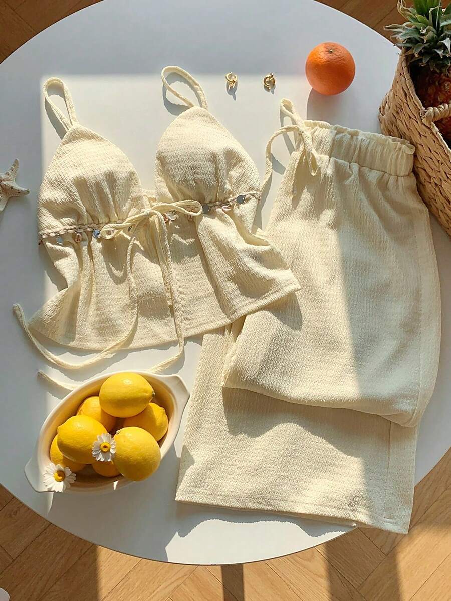 Conjunto de 2 piezas de camiseta de tirantes y pantalones de lino negro para mujer, conjunto de verano - Blanco - Ver 1