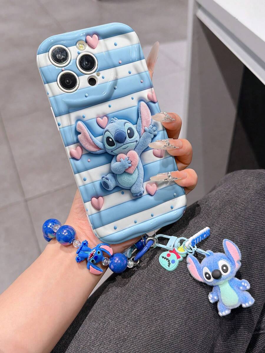 Disney Has Authorized, Phone Case - Chain Set, The Stitch Lilo & Stitch 3D Phone Case Plus A Silicone 3D Stitch Bracelet With Metallic Ring Removable Bracelet, Stitch And Angel Pattern, Compatible With Iphone17/16/15/14/13/12/11/XS/XR/X Plus Pro Max, A Stylish Cartoon Phone Case, The Perfect Gift Choice, Phone Protection, Durable Phone Cover, Great Gift For Friends And Family. - trắng - Xem 1