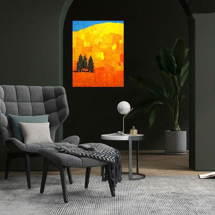 Pintura al óleo 2D plana 100% hecha a mano, pintura al óleo decorativa, pintura al óleo decorativa moderna abstracta impresionista de vista a la montaña y bosque de pinos, pintura artística con contraste de colores de pino verde en tonos amarillo dorado y naranja, lienzo de pintura con micro rociado - Enmarcado - Añade 2