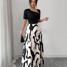 WNS  Elenzya Vestido de línea A con cintura ceñida, cuello en V, con patrón abstracto en blanco y negro y decoración de hebilla de metal, elegante para uso diario, vacaciones, viajes, San Valentín, citas, ropa de calle, fiestas, principios de primavera/primavera-verano - Marrón - Ver 7