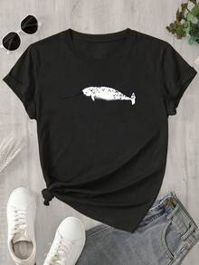 Top de mujer de manga corta y cuello redondo con estampado de perro y manchas en la espalda, apto para todas las estaciones. - Negro - Ver 1