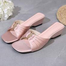 Women's Metal Buckle Decor Chunky Heel Sandals Pleated Upper Square Toe Open Toe Slip-On Slides Summer Pink Satin Party Wedding High Heel Sandals - Pink - View 2