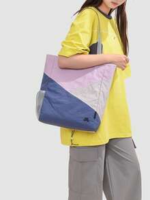 1 pieza Bolso de hombro de nailon con contraste de color para mujer, de gran capacidad, estilo universitario de moda patchwork, adecuado para compras, actividades al aire libre, estudiantes universitarios - Multicolor - Ver 5