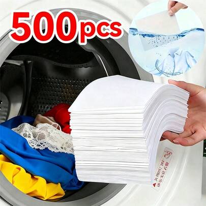 500 miếng giấy thấm hút màu – Chất chống lem màu và vải thấm hút, dùng trong máy giặt để ngăn ngừa phai màu, tăng cường bảo vệ quần áo và hỗ trợ giặt giũ.