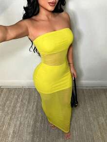 Vestido transparente de unicolor sin tirantes y sin mangas, sexy - amarillo ganso - Ver 1
