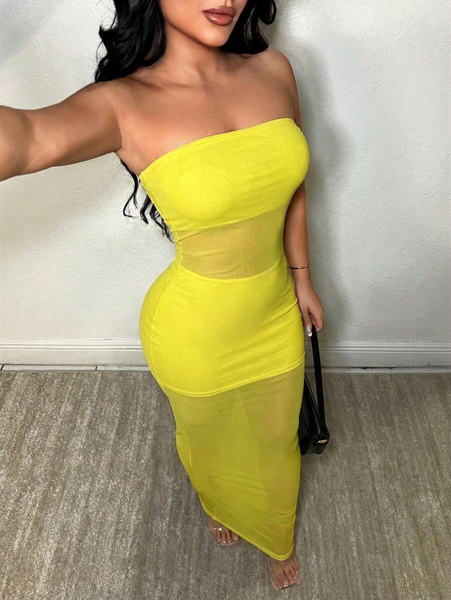 Vestido transparente de unicolor sin tirantes y sin mangas, sexy - amarillo ganso - Ver 1