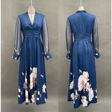 Long Spring Dress With Tulle Overlay, French-Style Fitted Cut, Versatile Print - Blue - View 3