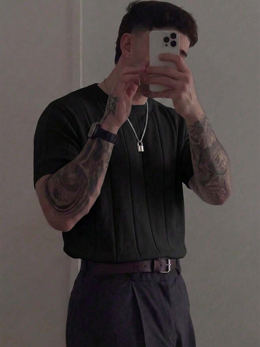 Jersey de punto de cuello redondo de manga corta acanalado para hombre, primavera/verano - Negro - Ver 1
