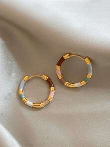 1 paire de boucles d'oreilles créoles géométriques style français à effet goutte d'huile, adaptées au port quotidien décontracté et aux soirées pour femmes - Multicolore - Voir 6