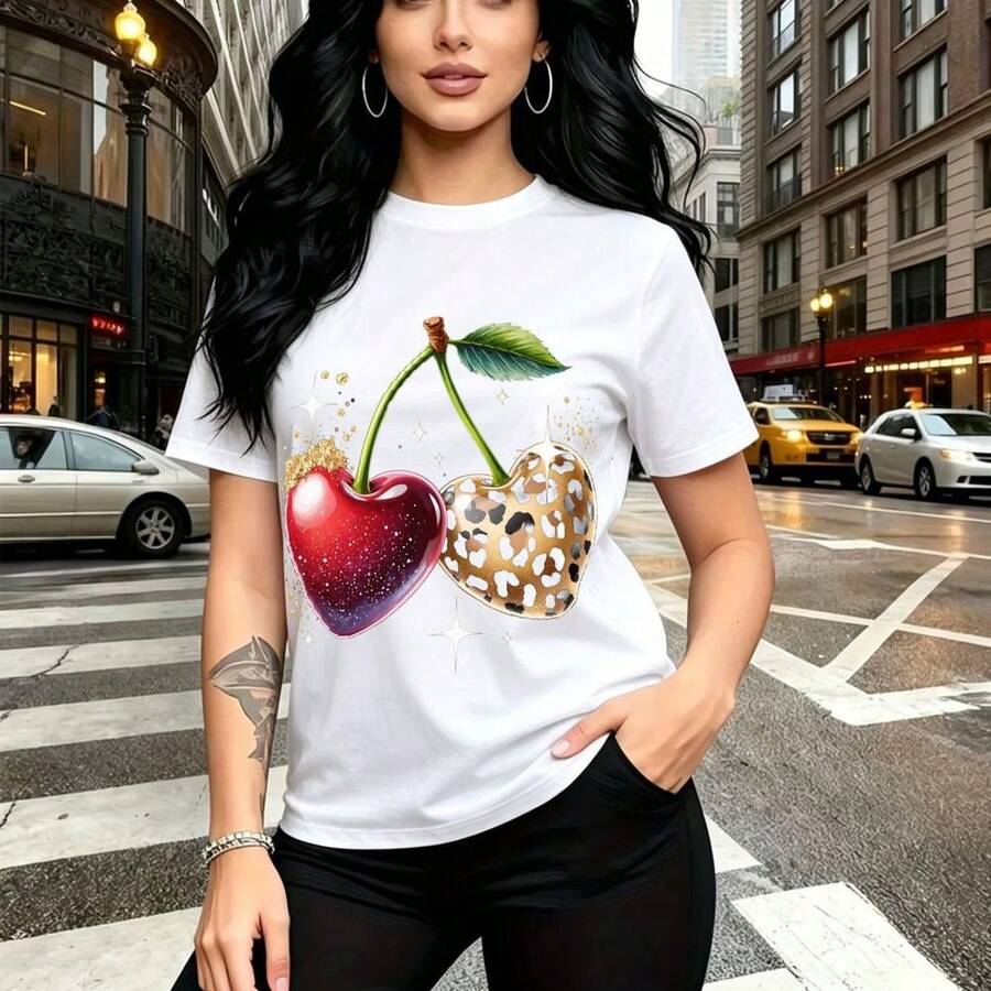 Camiseta de mujer con estampado de dos cerezas, una roja brillante con destellos y otra con estampado de leopardo rodeadas de estrellas - camiseta casual de manga corta y cuello redondo, ajuste cómodo y estilo urbano moderno - ideal para paseos por l - Blanco - Ver 1