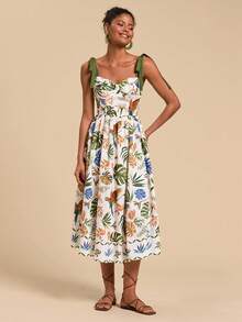 xheTravachic Vestido de tirantes midi para mujer con estampado de árboles de coco tropicalesxhe - Multicolor 2 - Ver 1