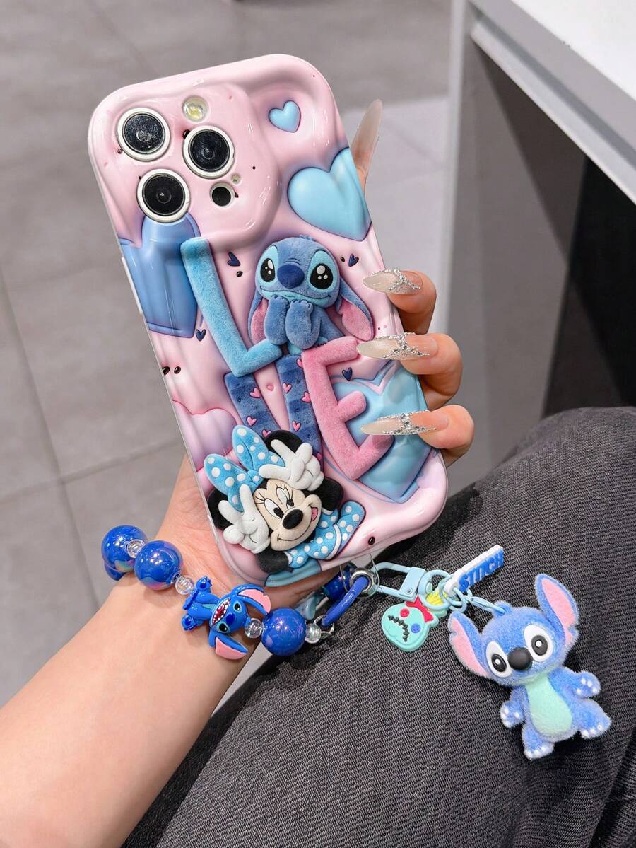 Disney Has Authorized, Phone Case - Chain Set, The Stitch Lilo & Stitch 3D Phone Case Plus A Silicone 3D Stitch Bracelet With Metallic Ring Removable Bracelet, Stitch And Angel Pattern, Compatible With Iphone17/16/15/14/13/12/11/XS/XR/X Plus Pro Max, A Stylish Cartoon Phone Case, The Perfect Gift Choice, Phone Protection, Durable Phone Cover, Great Gift For Friends And Family. - trắng - Xem 1