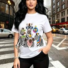 Camiseta de mujer con estampado de cebras divertidas y gafas de sol estilo disco - camiseta casual de manga corta, ajuste cómodo y moderno, ideal para paseos urbanos y salidas festivas - regalo perfecto para mamá, esposa, novia, hermana mayor y herma - Blanco - Ver 8