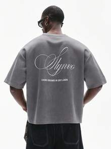 Men's Short Sleeve Crew Neck T-Shirt With Minimalist Print, Olive Green Graphic Tee, Oversized Printed Crop Top For Men, Unisex Washed T-Shirt. Y2K Style, Fashionable Style, Cute Style, Casual Style, Women's Blouses > Clothing. 230g (Sizes S-XXXL) - 淺灰色 - 查看 1