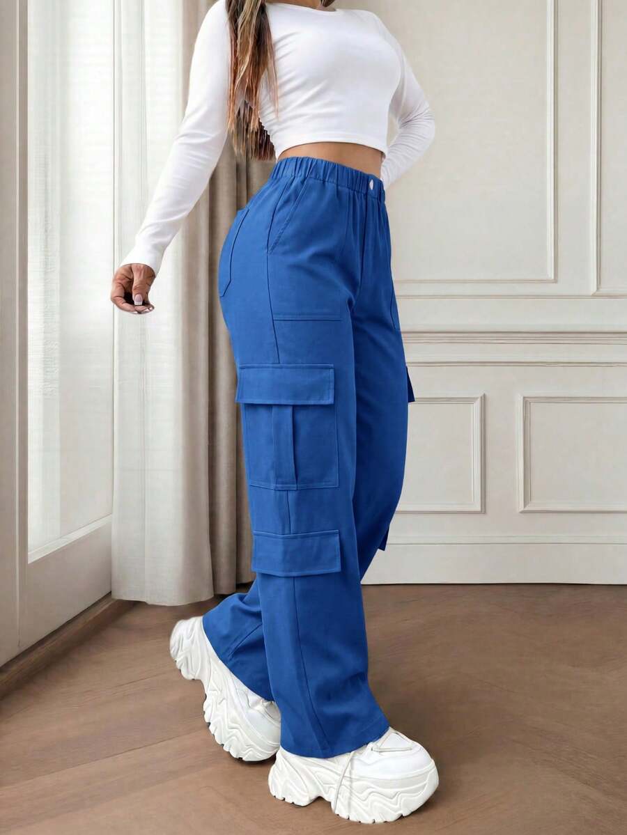 Pantalones cargo negros con múltiples bolsillos y botones, de estilo elegante y lindo Y2K, ligeros, adecuados para volver al colegio, graduación, club, fiesta de cumpleaños, Halloween, Acción de Gracias, concierto, gimnasio, playa, oficina, uso diario, al aire libre, deportes, aeropuerto, calle, Día del Maestro, primavera, verano, otoño, invierno - Azul Klein - Ver 1