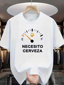 Camiseta de manga corta con un estampado frontal de una aguja de medidor de combustible apuntando a la zona de "cerveza vacía" y el texto en español "NECESITO CERVEZA" (Necesito cerveza). El - Blanco - Ver 1