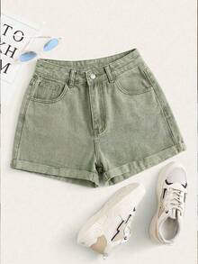 High-Waisted Rolled-Up Denim Shorts For Summer - Army Green - View 1