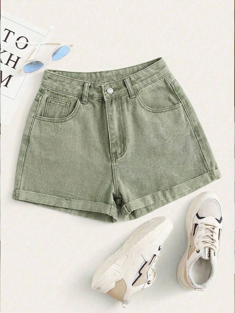 High-Waisted Rolled-Up Denim Shorts For Summer - Army Green - View 1