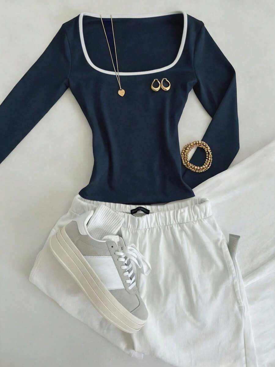 Camiseta de manga larga de cuello cuadrado gris minimalista de ajuste ceñido, adecuada para primavera, verano, otoño e invierno. Camiseta de moda, regalo de estilo minimalista para hermanos, hermanas, mamá, Día de la Madre, top de moda casual. - azul real - Ver 1